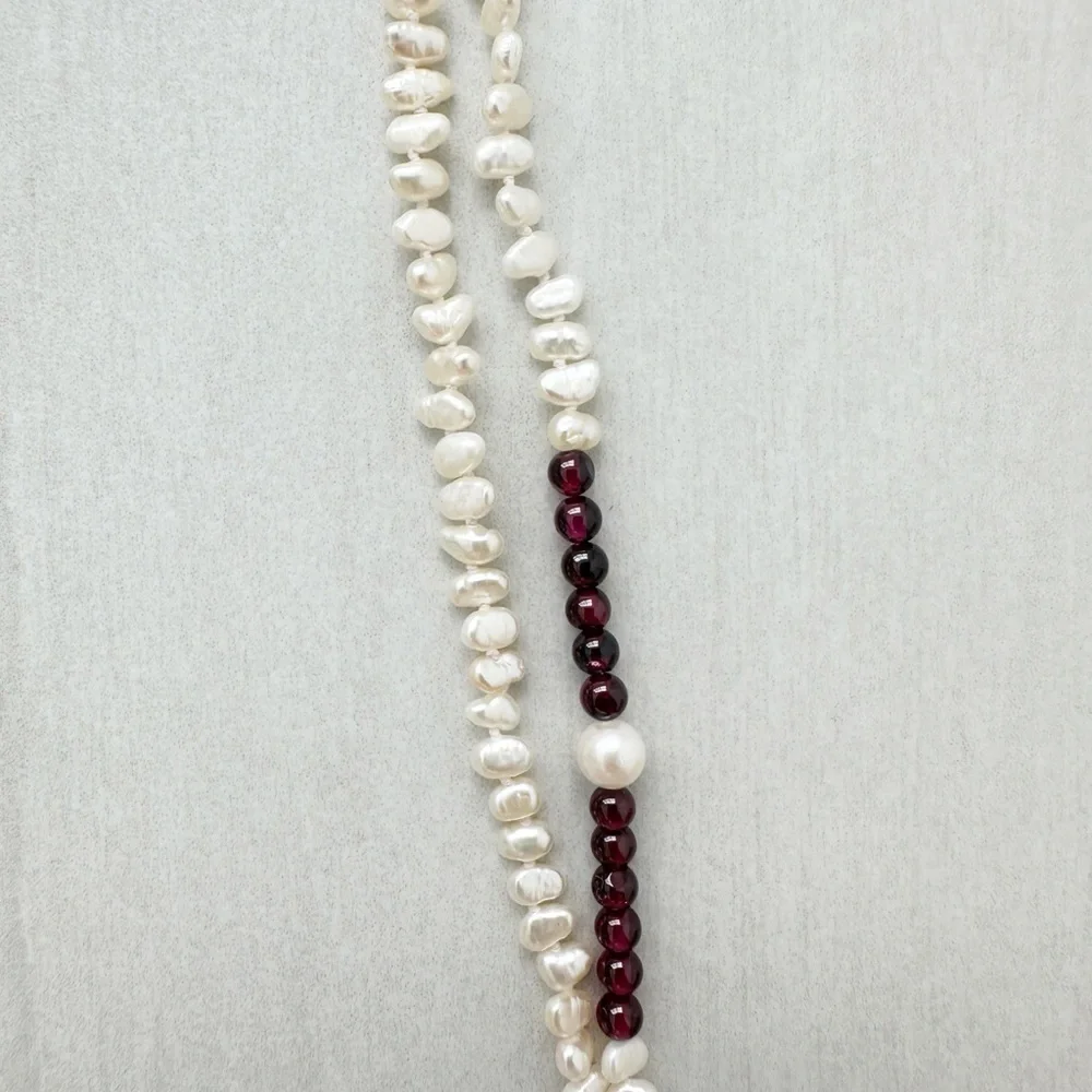Genuine Pearls & Garnet Necklace White Red 64